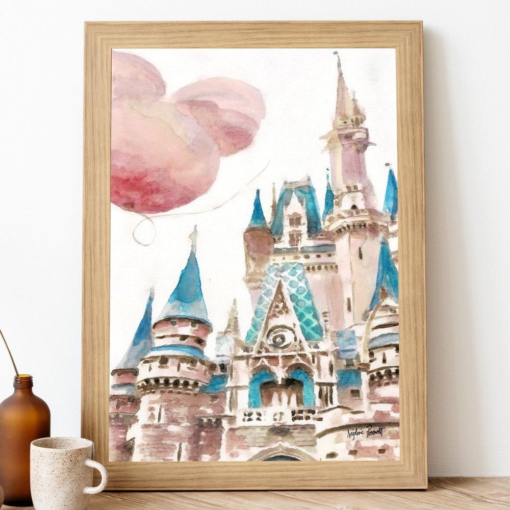 Disney princess castle art print watercolor painting Disneyland